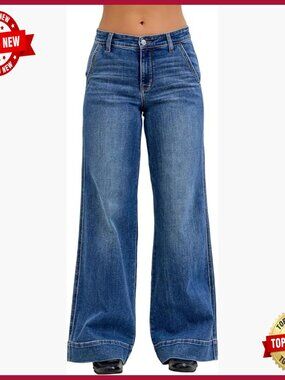 Mid Rise Trouser Jeans, Wide Leg Retro Fit, Premium Stretch Denim